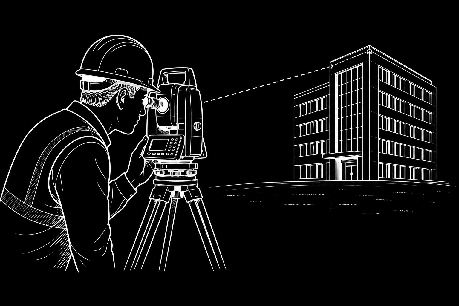 Hand-drawn illustration of total station surveying