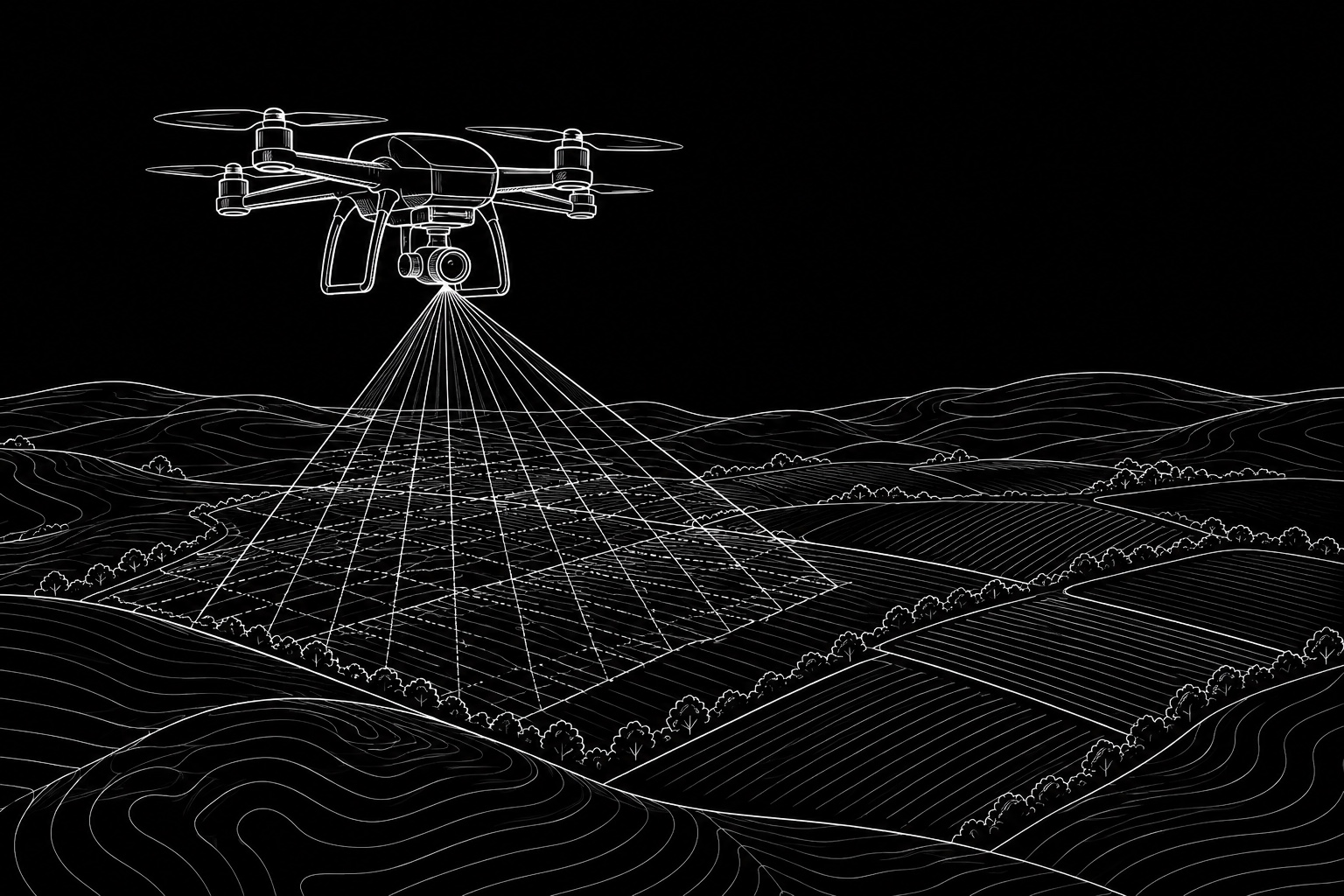 Hand-drawn illustration of drone surveying