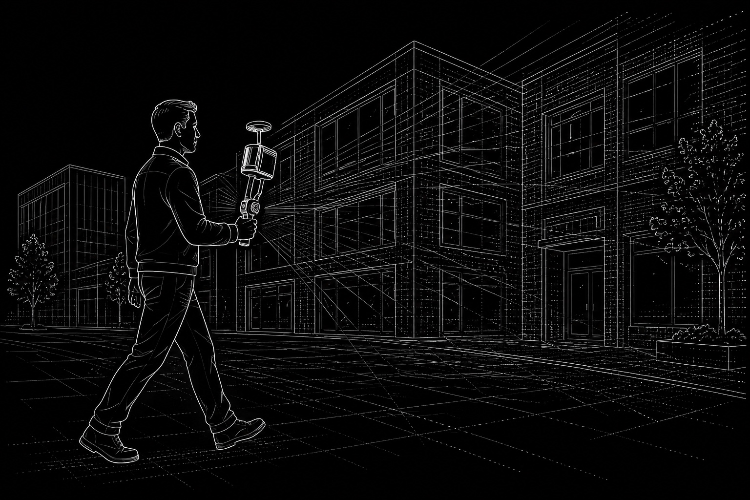 Hand-drawn illustration of handheld 3D laser scanning