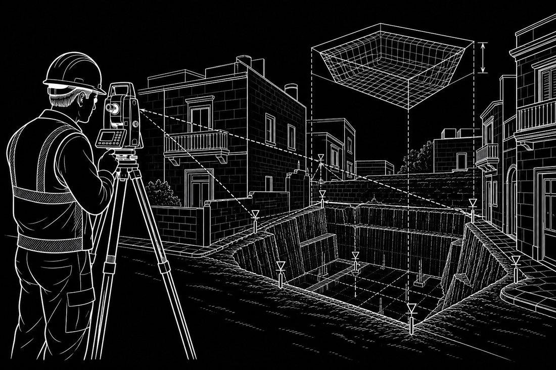 Excavation quantity surveying with total station and LiDAR illustration